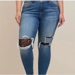 Torrid Blue Distressed Skinny Jeans with Lace